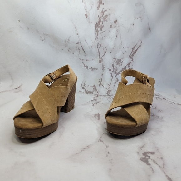 Toms Sandal Womens 9 Platform Ibiza Slingback Heels Shoe Brown Tan Suede Cross - Picture 5 of 13